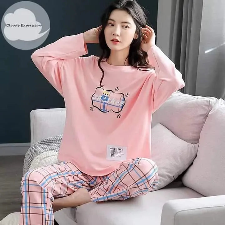 Women Pink Printed Jersey Night Suit 2Pcs