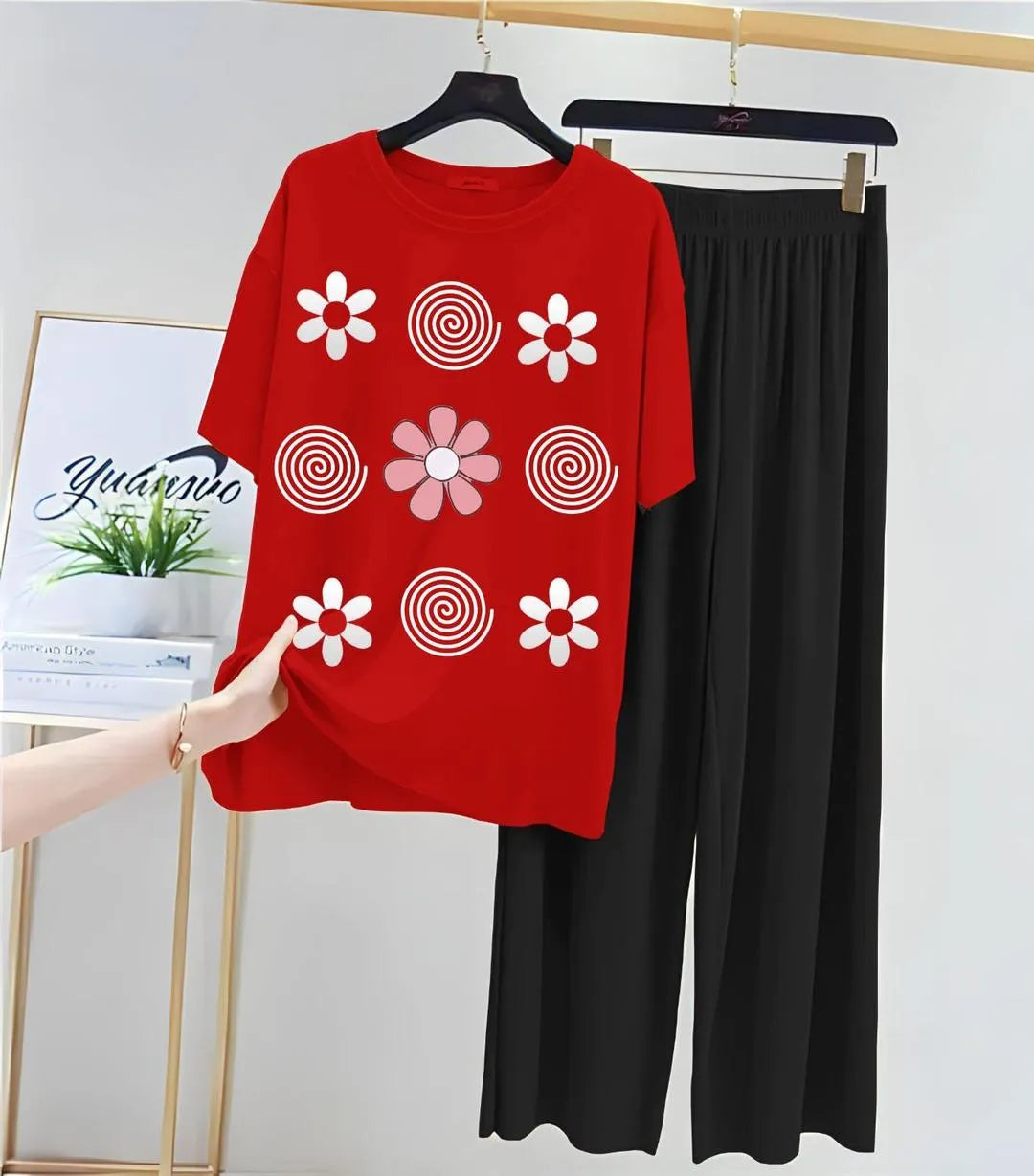 Red Printed Night Suit for Women Jersey Fabric