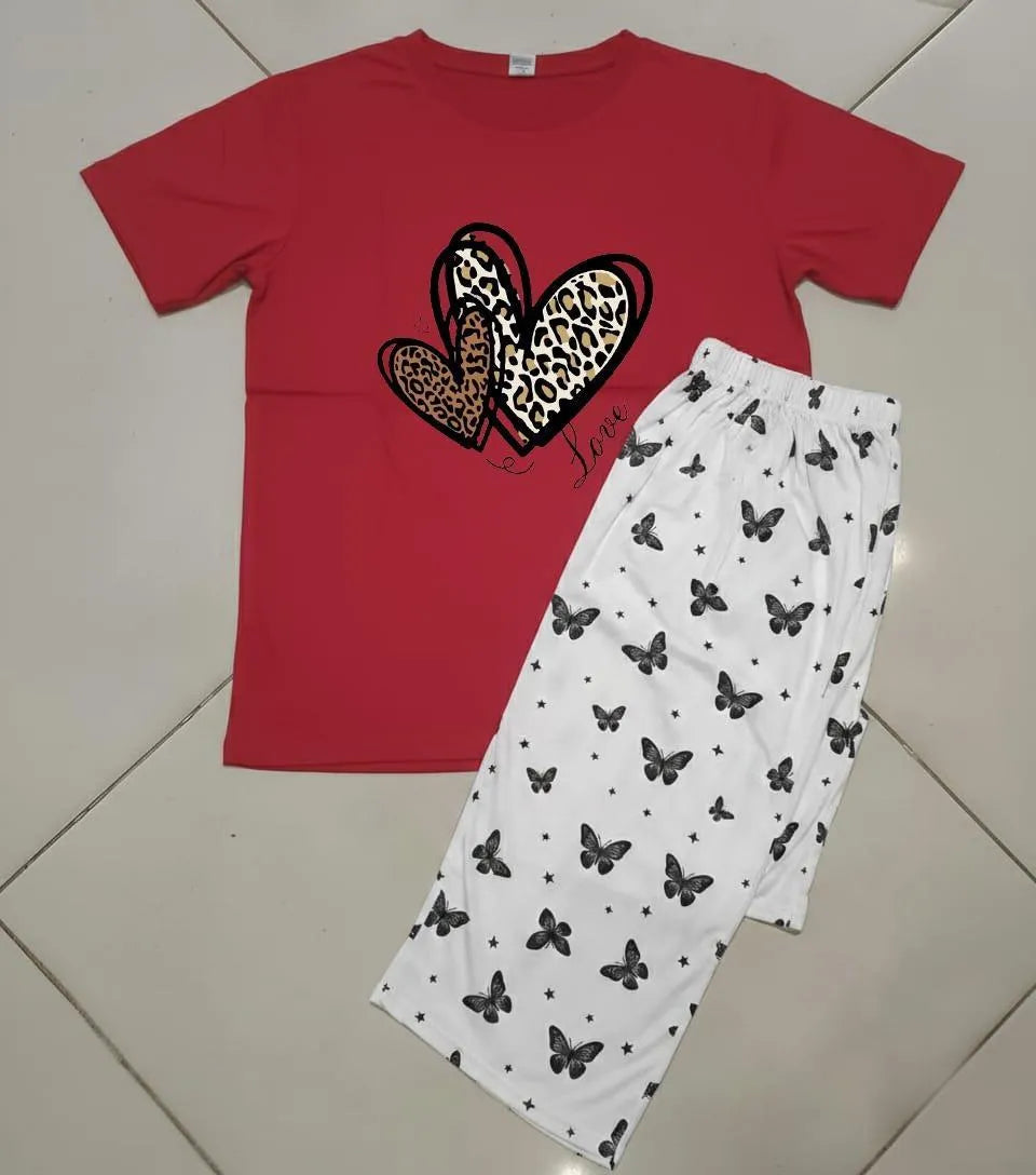 Women Red Leopard Heart Night Suit 2Pcs Medium to XL
