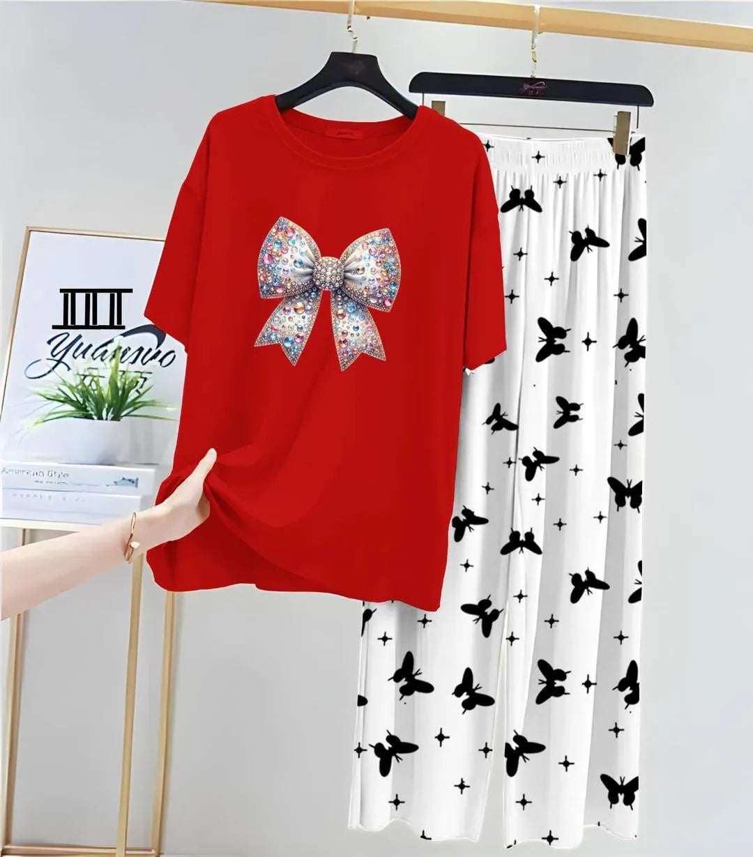 Women Red Bow Night Suit with Butterfly Print