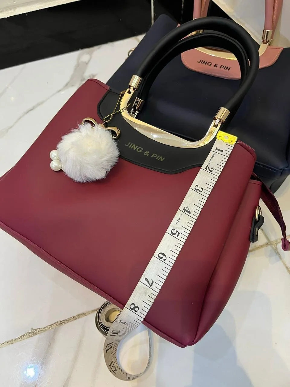 Maroon Handbag Set with Wallet & Pompom Keychain