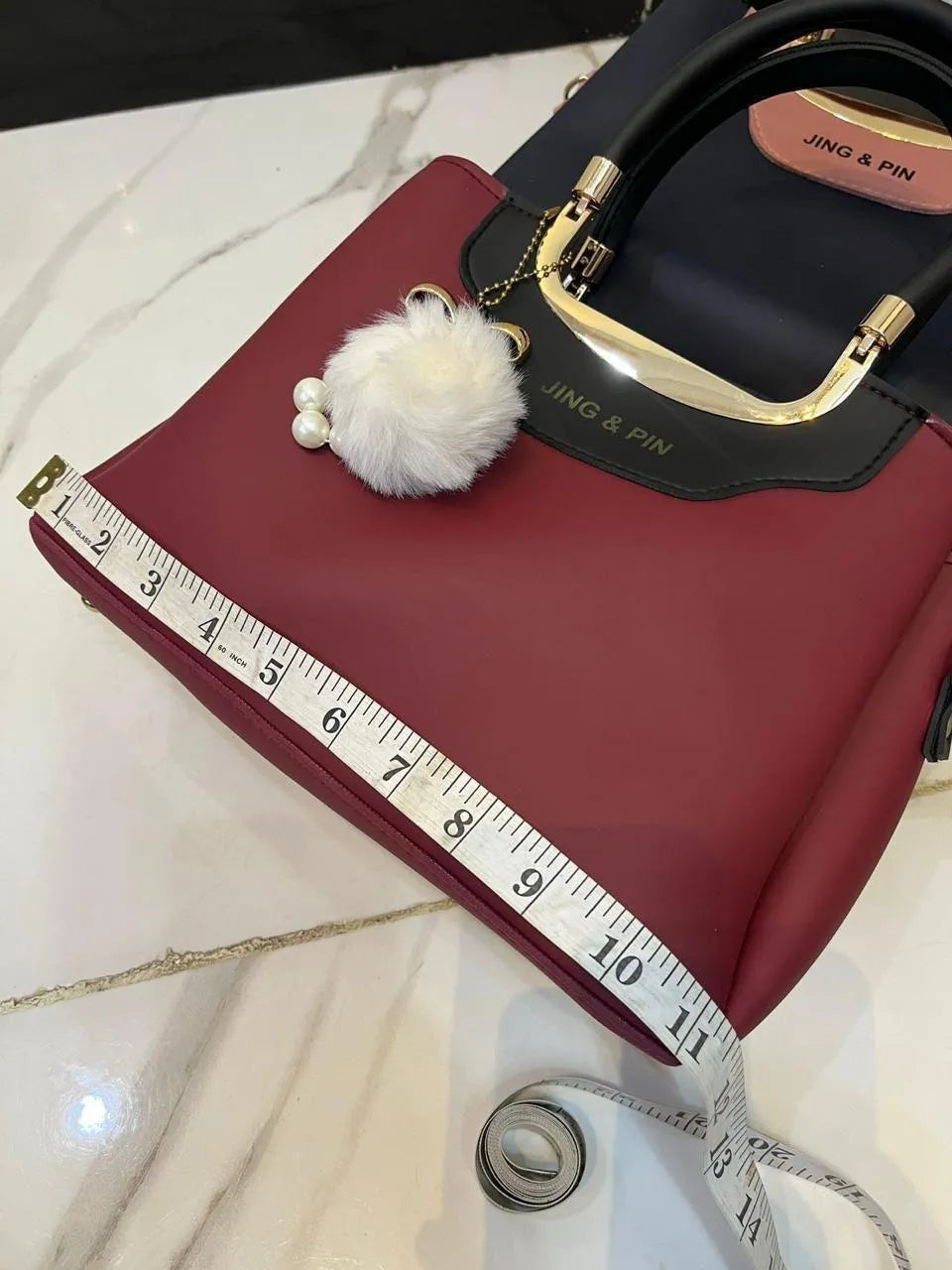 Maroon Handbag Set with Wallet & Pompom Keychain
