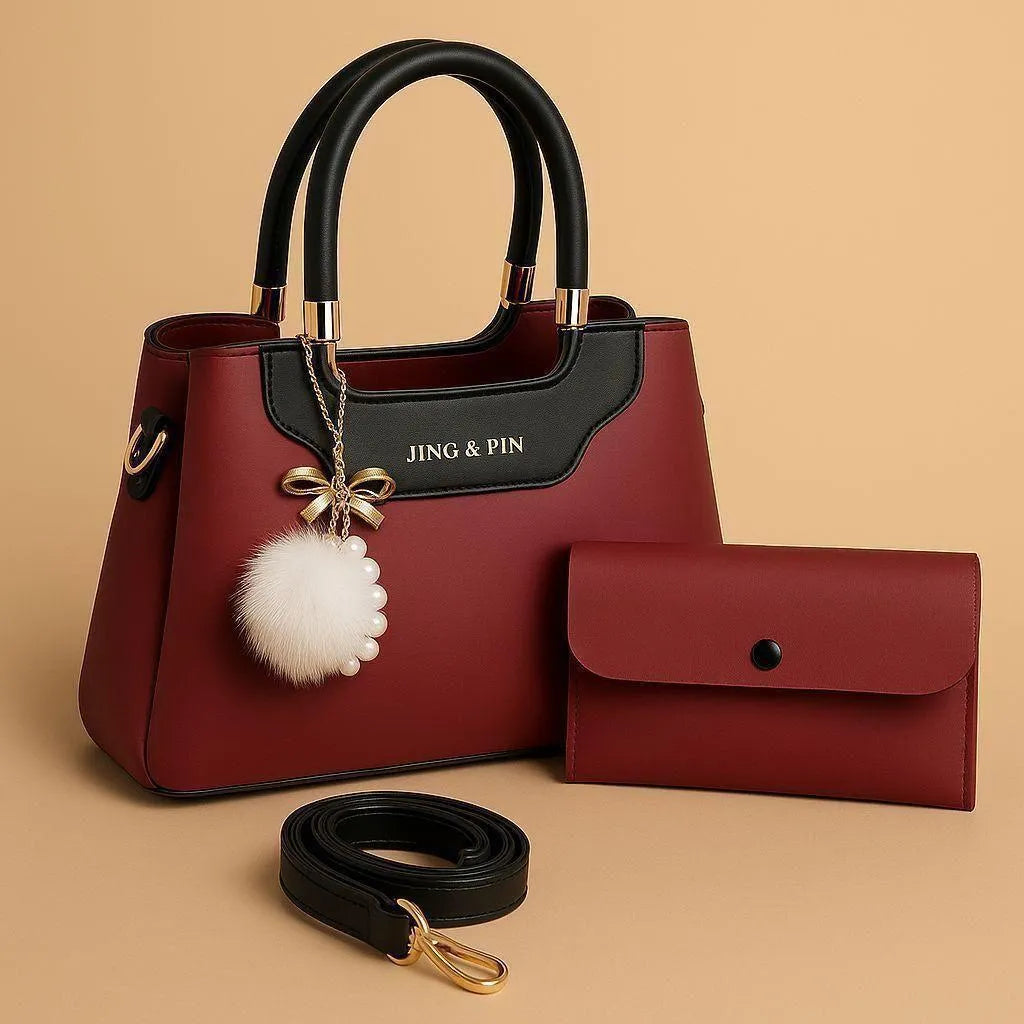 Maroon Handbag Set with Wallet & Pompom Keychain