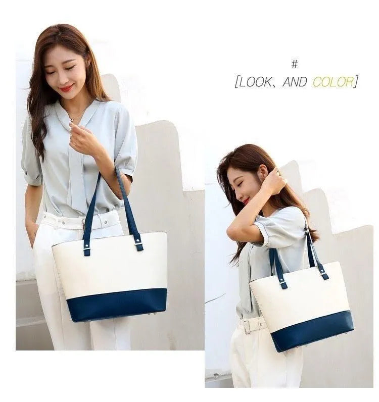 Women's Leather Shoulder Bag Set 3pcs Blue Mustard Beige