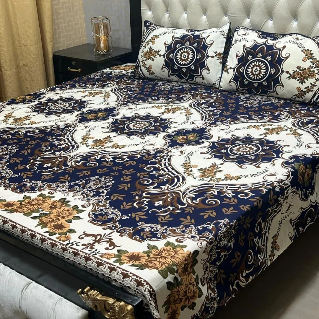 Crystal Cotton Printed Double Bedsheet Set Blue White Golden Floral