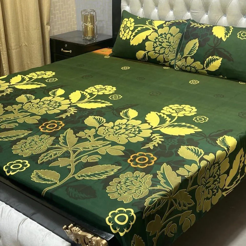 Crystal Cotton Printed Double Bedsheet Set Blue White Golden Floral