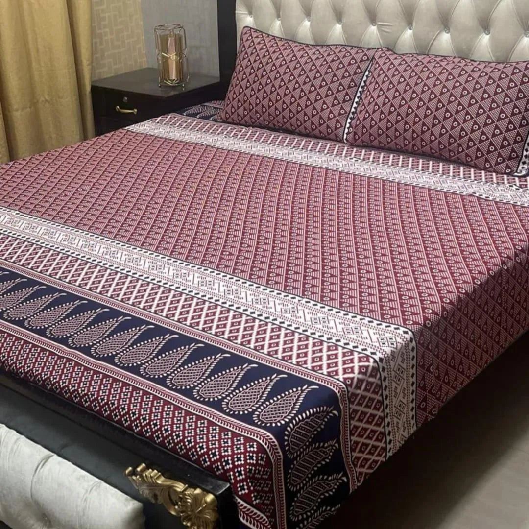 Crystal Cotton Printed Double Bedsheet Set Blue White Golden Floral