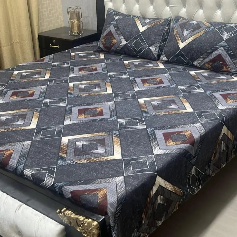 Crystal Cotton Printed Double Bedsheet Set Blue White Golden Floral