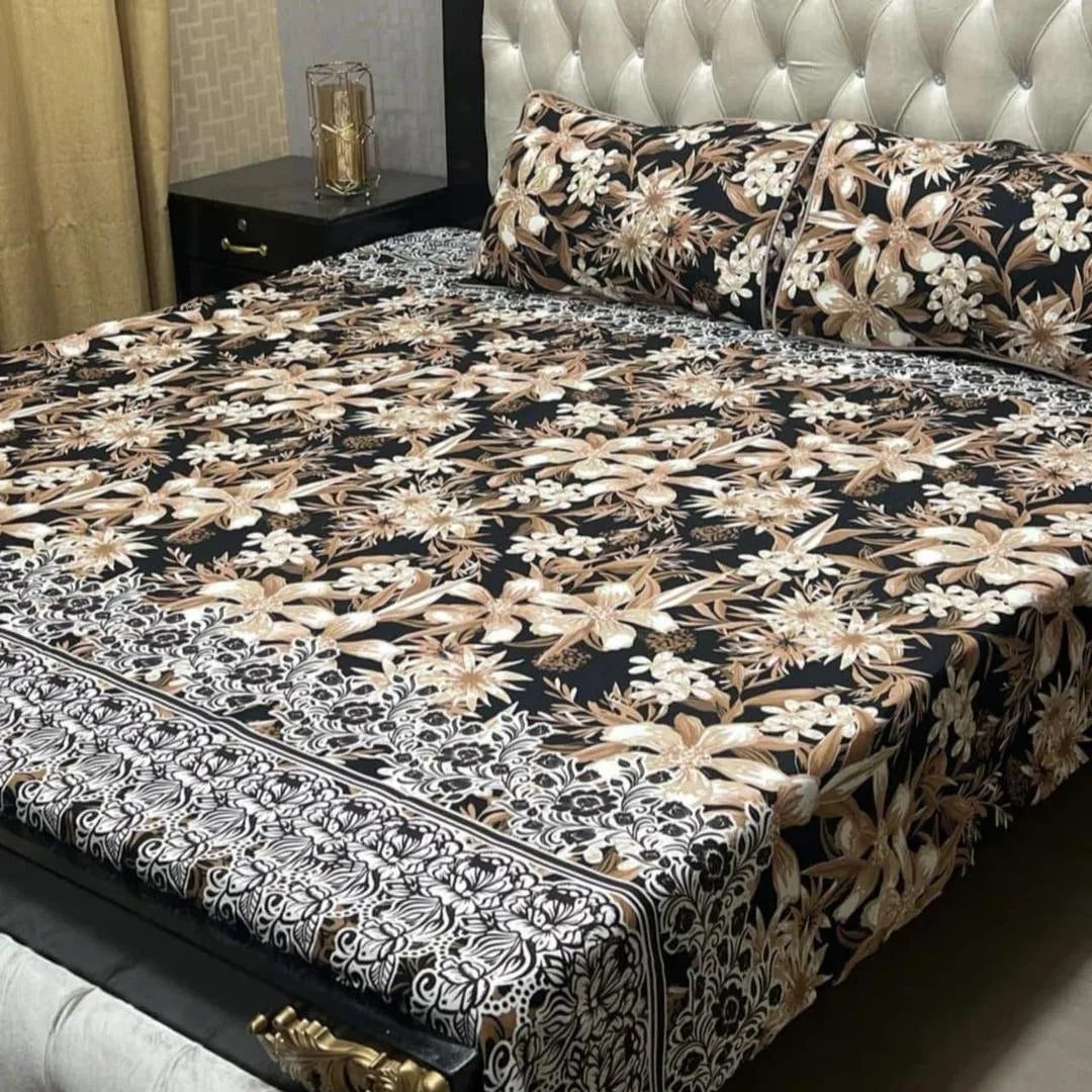 Crystal Cotton Printed Double Bedsheet Set Blue White Golden Floral