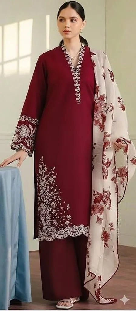 Maroon Embroidered Kurta Set with Floral Shawl