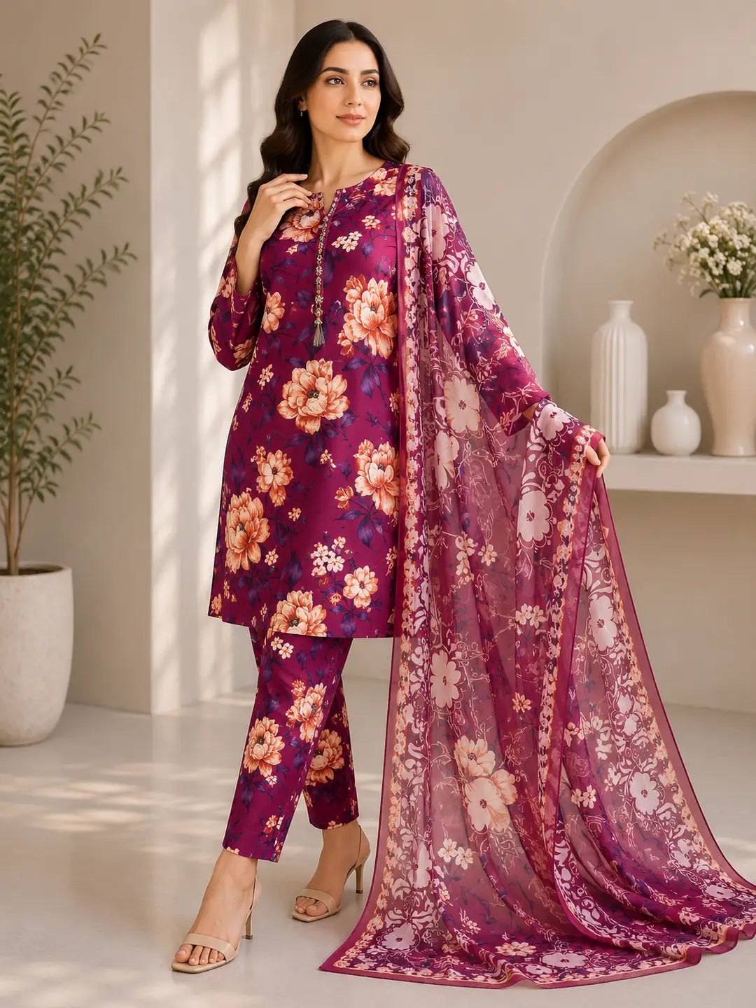 3 Piece Swiss Lawn Suit for Women - Digital Printed Lawn Dress with Crinkle Chiffon Dupatta