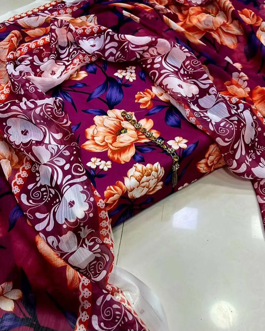 3 Piece Swiss Lawn Suit for Women - Digital Printed Lawn Dress with Crinkle Chiffon Dupatta