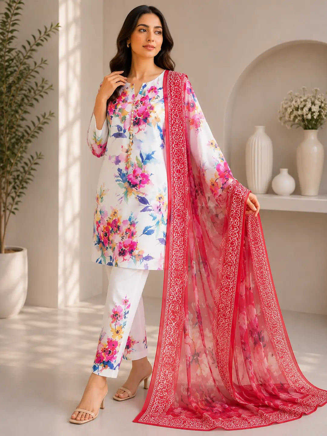 3 Piece Swiss Lawn Suit for Women - Digital Printed Lawn Dress with Crinkle Chiffon Dupatta