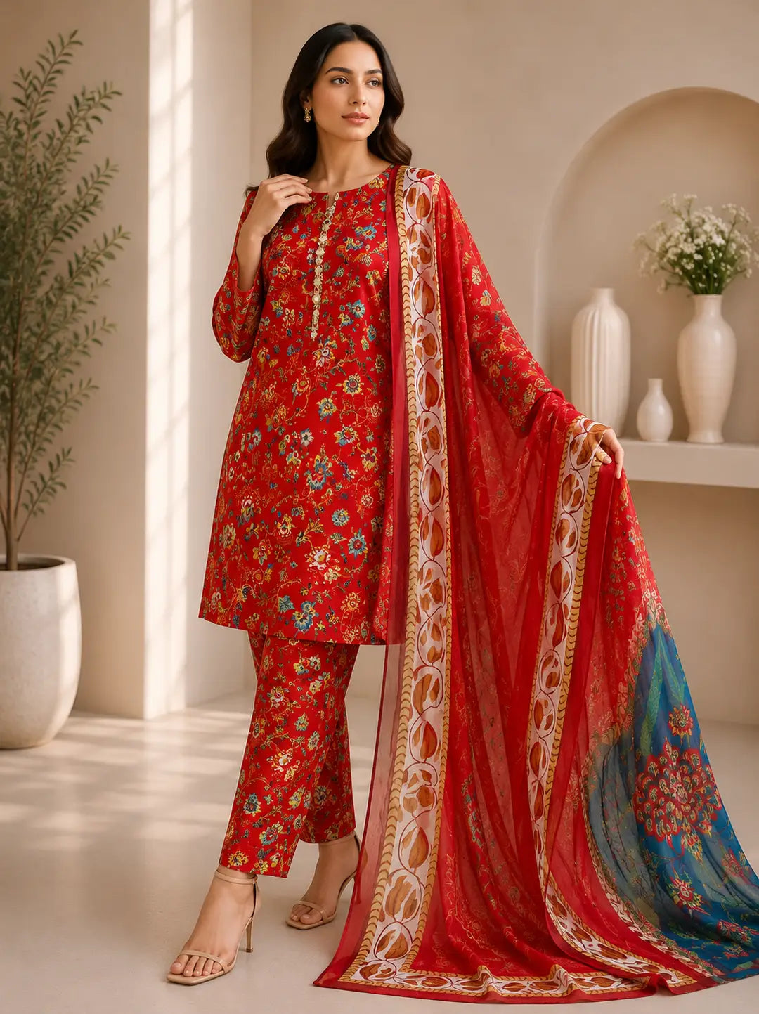 3 Piece Swiss Lawn Suit for Women - Digital Printed Lawn Dress with Crinkle Chiffon Dupatta