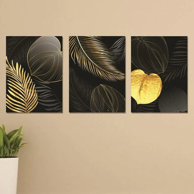Golden Leaf Wall Art Set 3Pc MDF Black Gold Decor