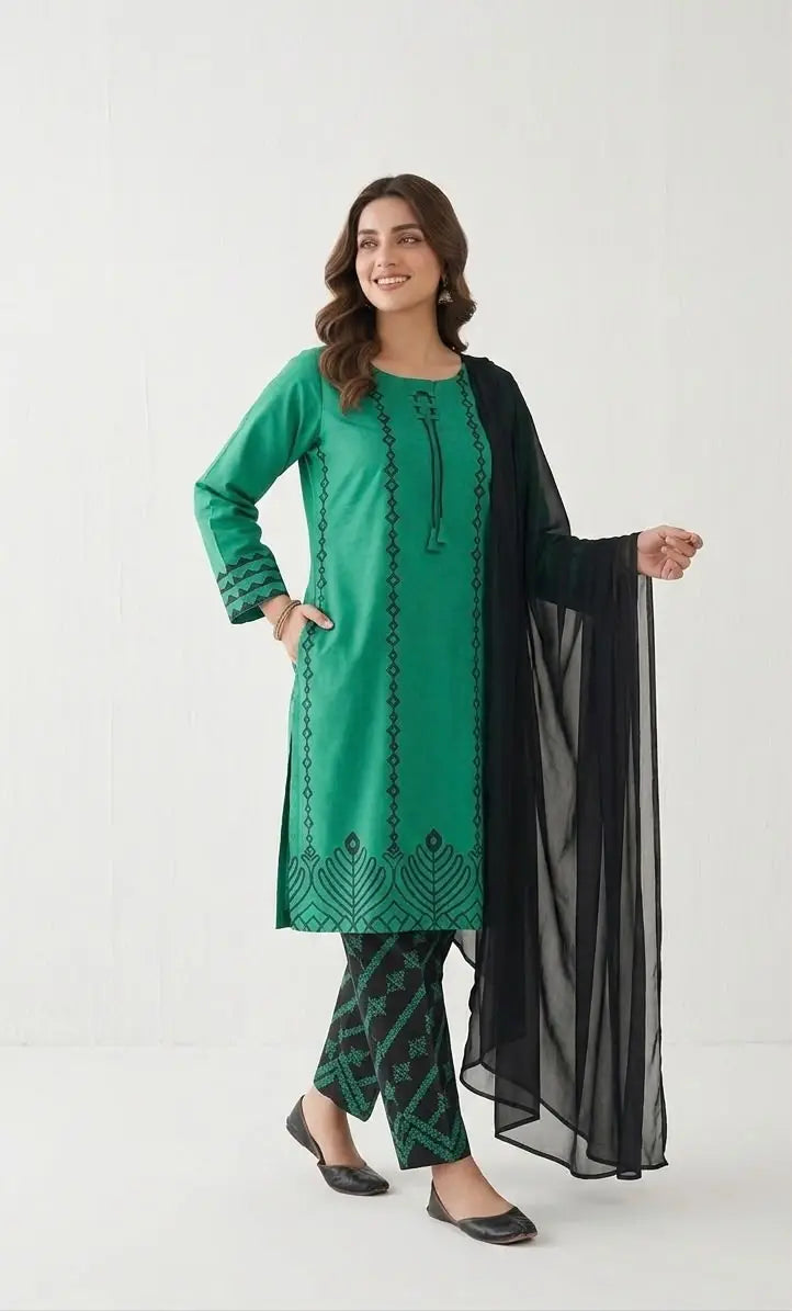 3 Pcs Women's Stitched Cotton Lawn Block Printed Suit with stylish Neck Design