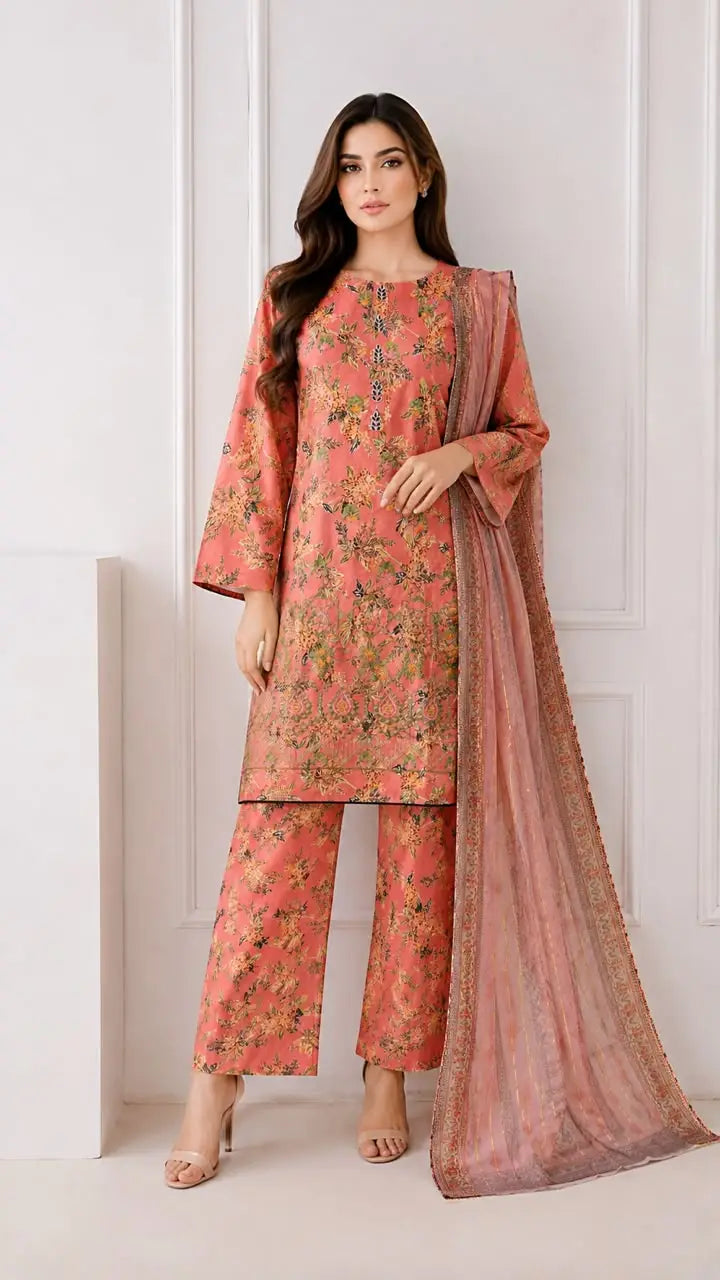 3Pcs Women's Stitched Lawn Embroidered Suit with Printed Shawl