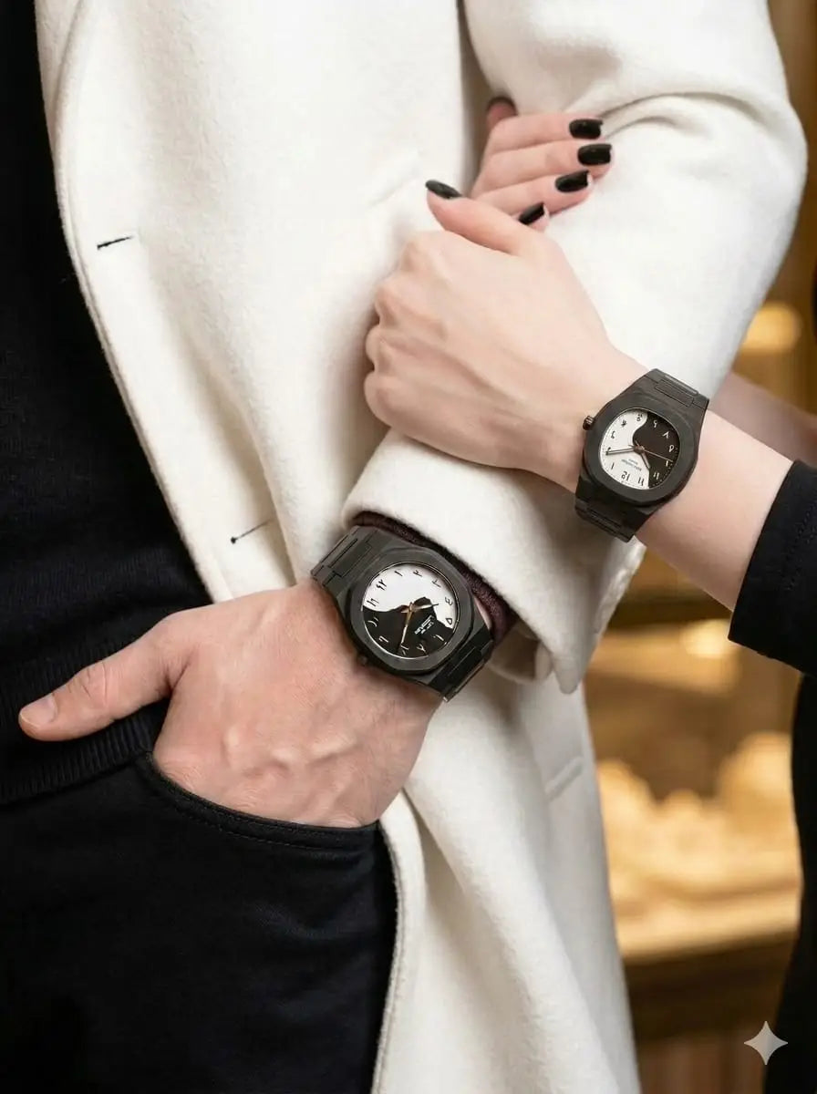 Matching Couple Watch Set – Elegant Black Octagon Design ??