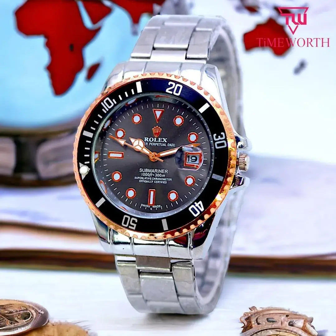 Men's Rolex Style Diver Watch with Date Function Silver Golden Dial Men's Strong Back Case Watch