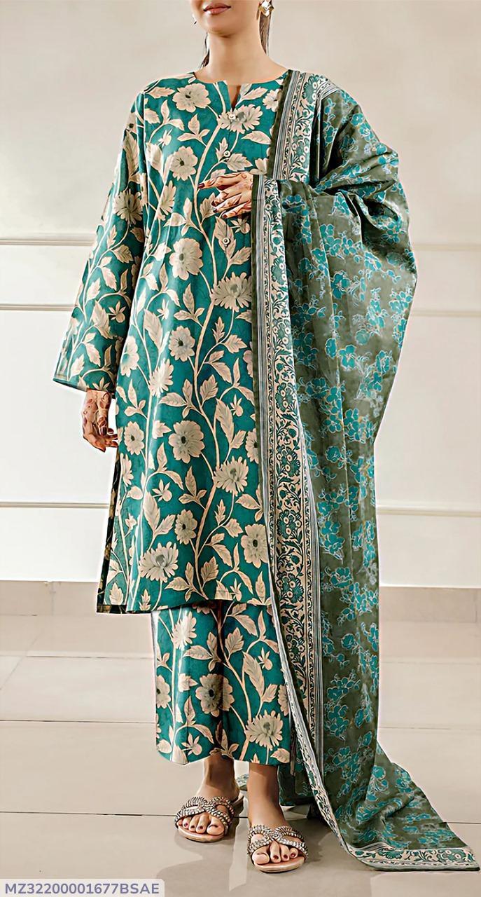3 Piece Printed Green Floral Dobby Lawn Suit for Women