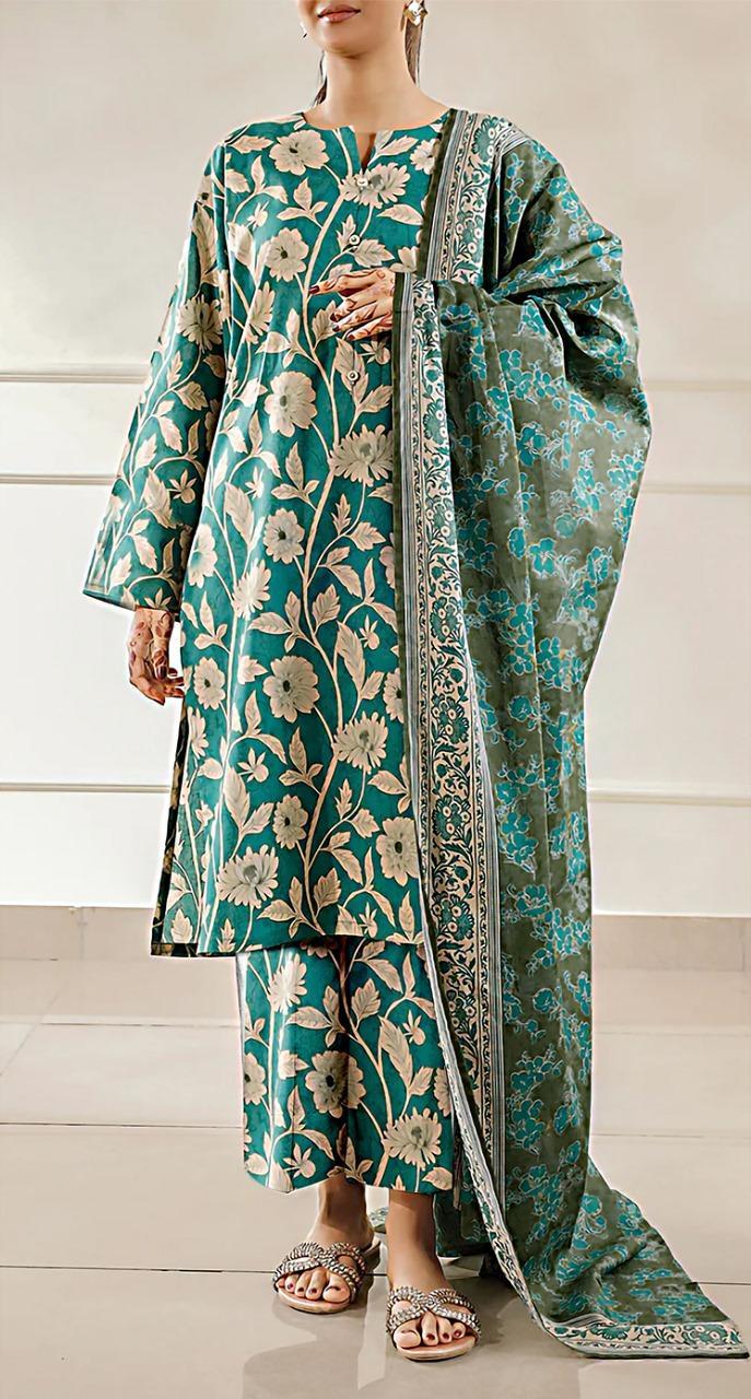 3 Piece Printed Green Floral Dobby Lawn Suit for Women