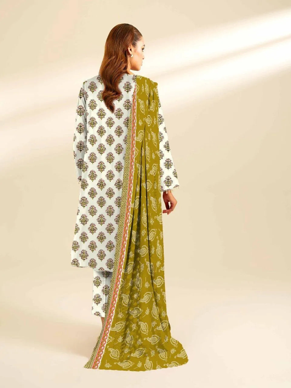 Unstitched Printed Linen 3-Piece Suit with Green Dupatta