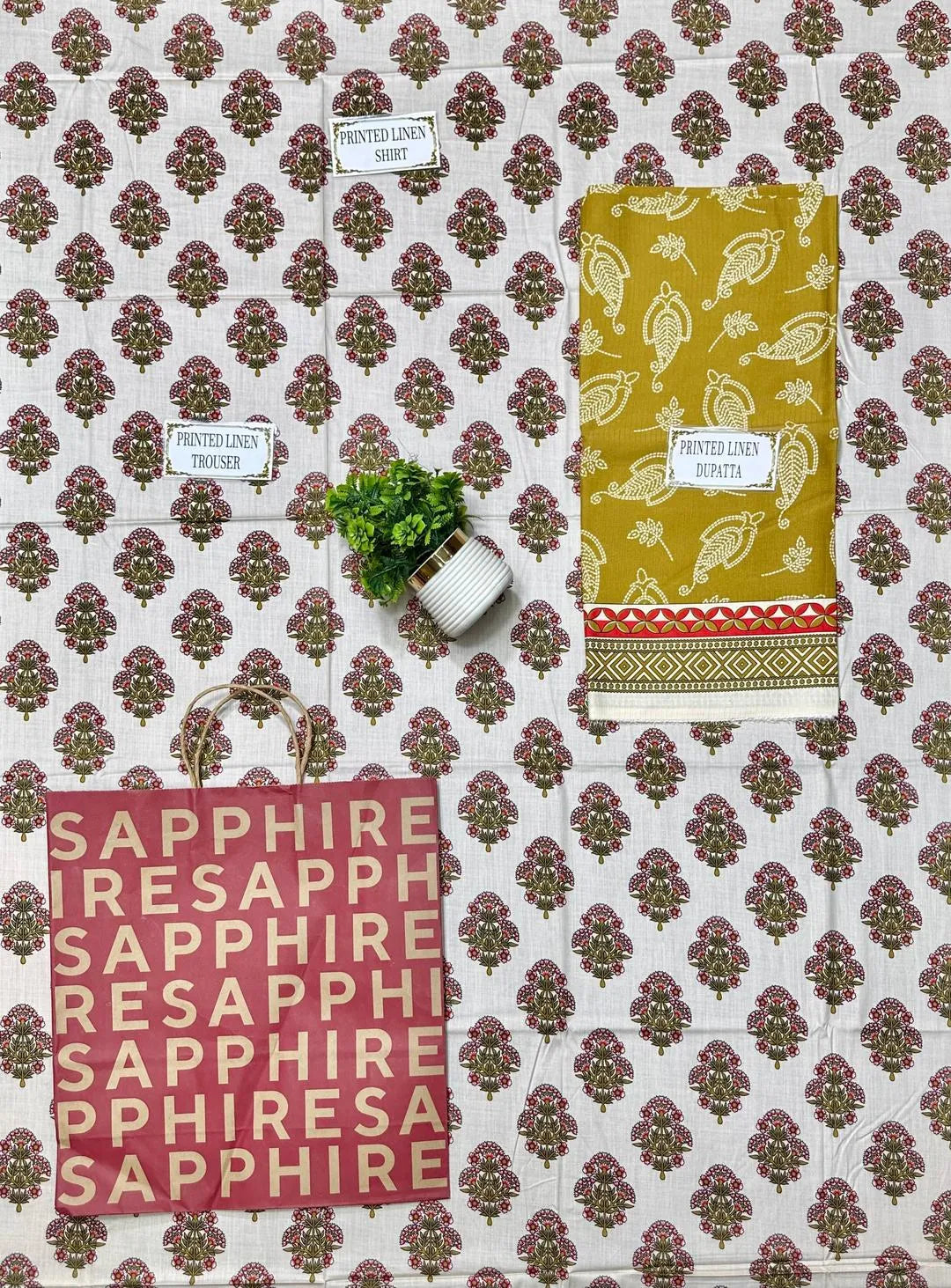Unstitched Printed Linen 3-Piece Suit with Green Dupatta