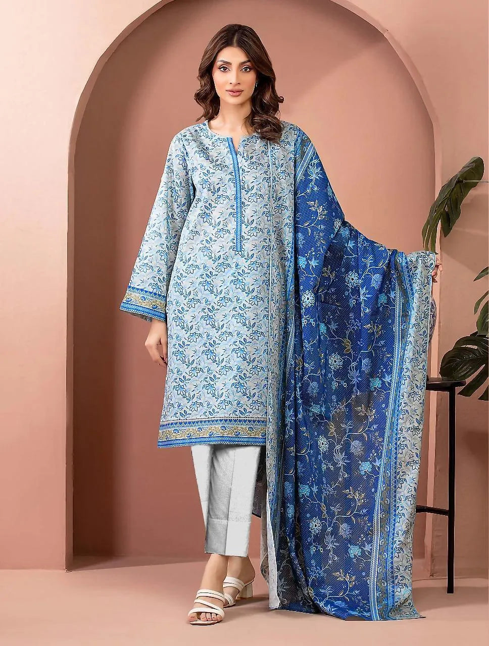 Blue Floral Printed 3-Piece Linen Suit for Women