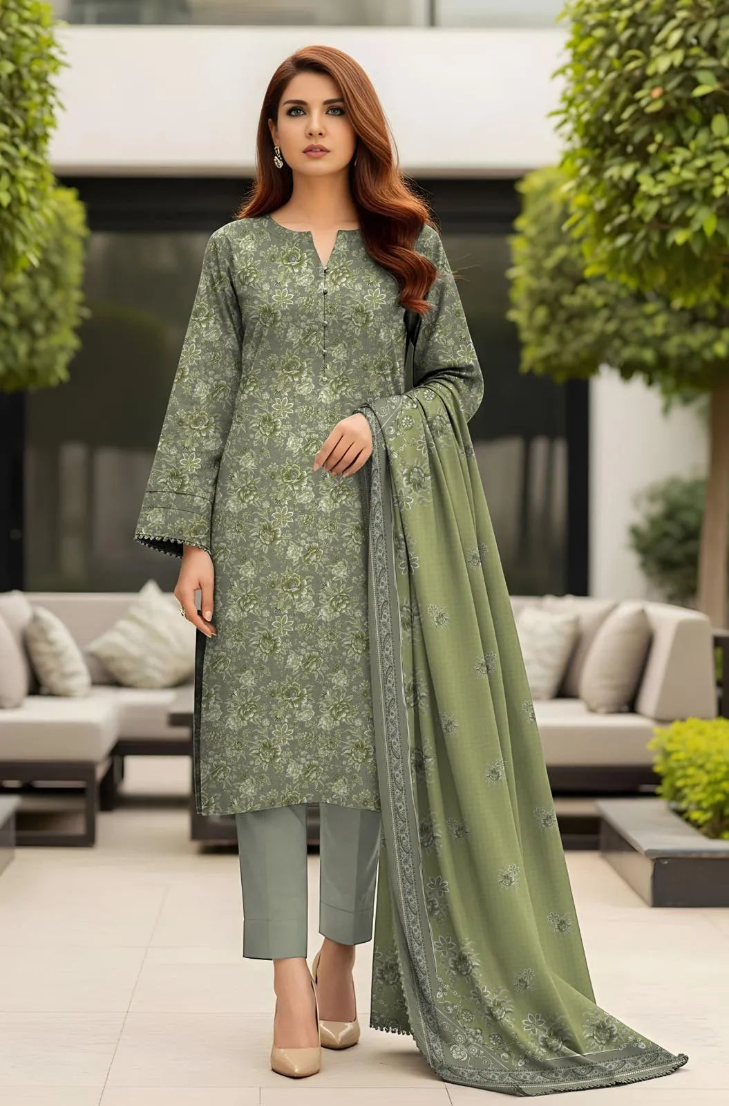 Green Floral Printed 3-Piece Lawn Suit for Women