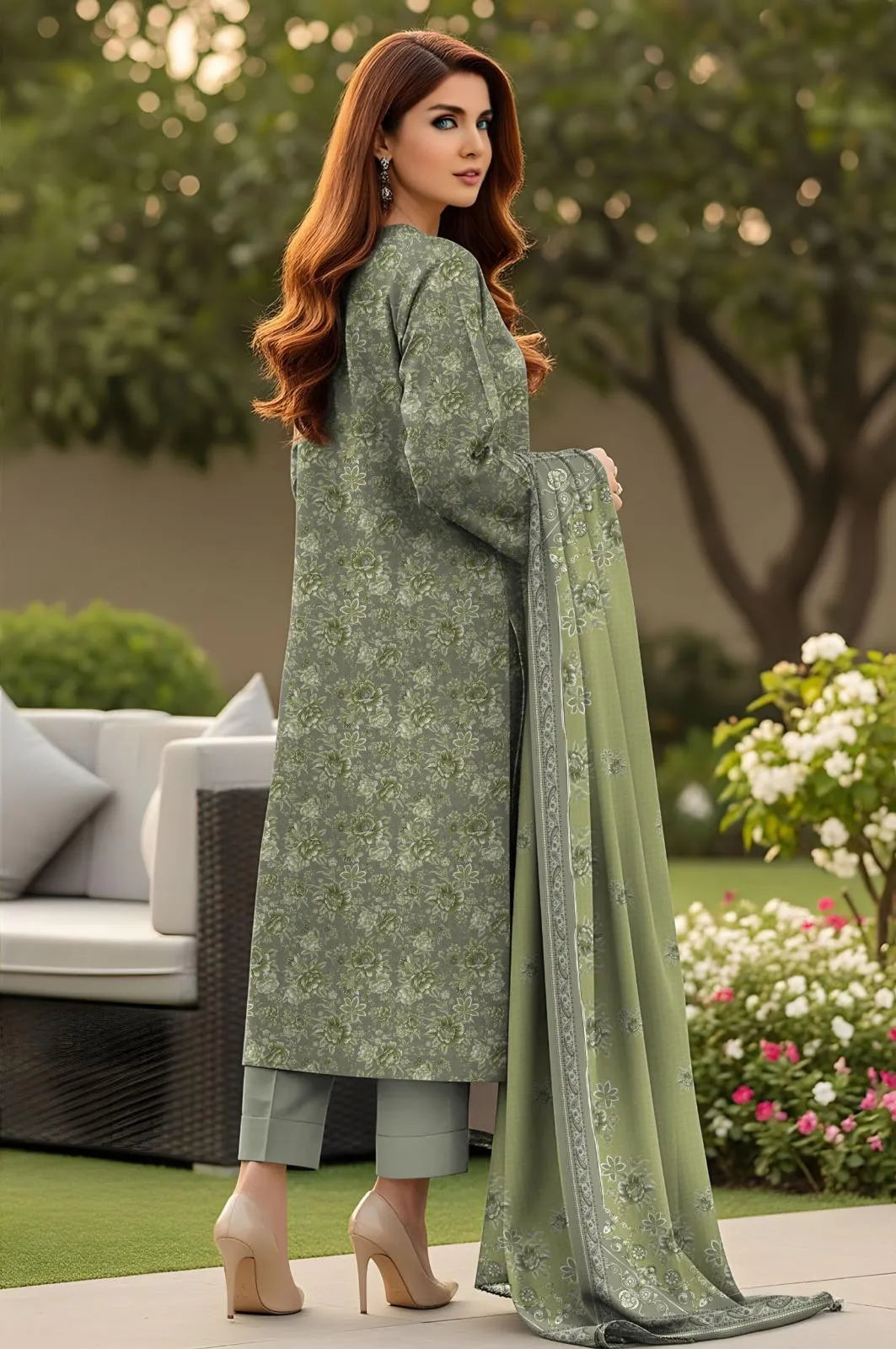 Green Floral Printed 3-Piece Lawn Suit for Women