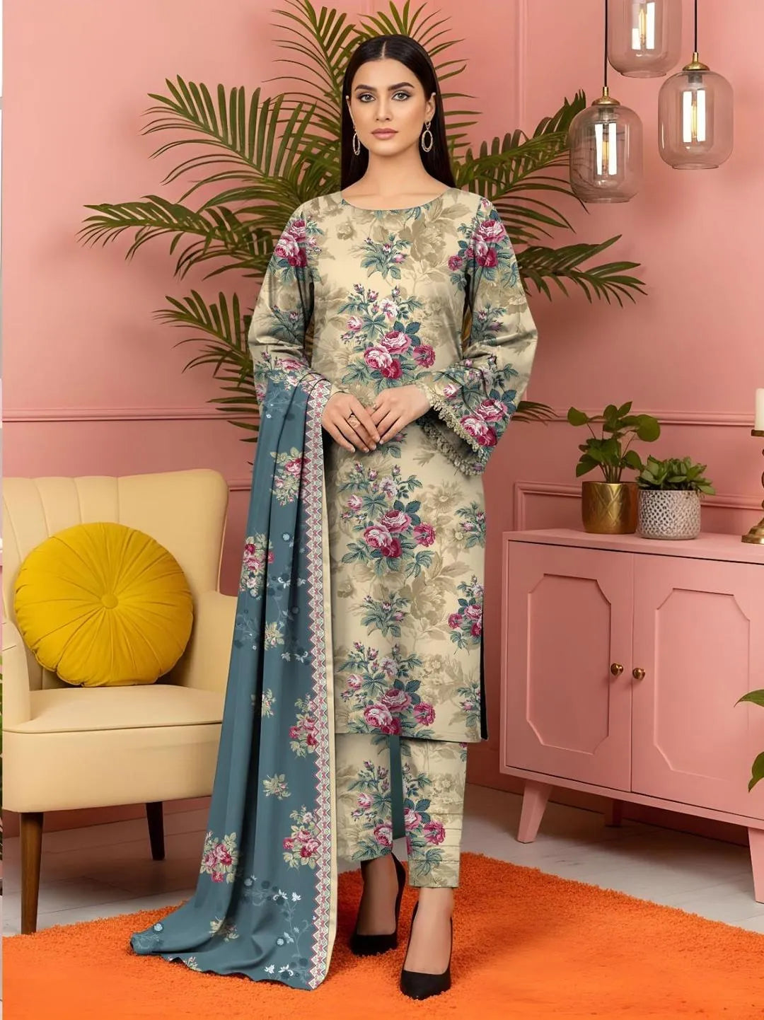 Women's 3 Pcs Printed Lawn Suit Off White Floral