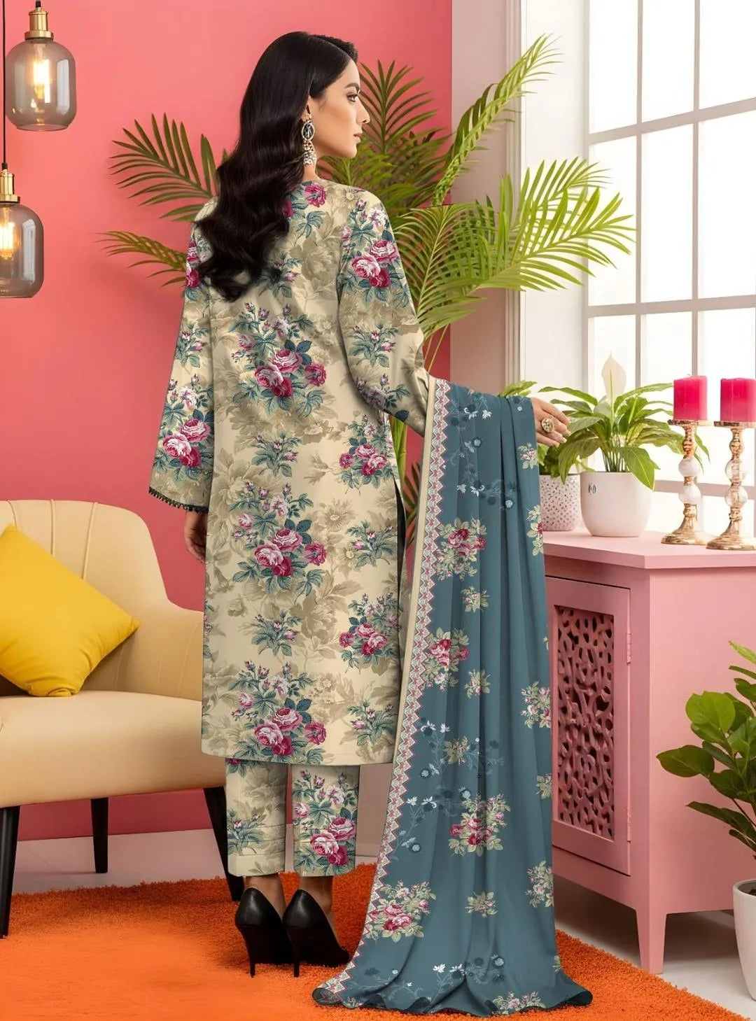 Women's 3 Pcs Printed Lawn Suit Off White Floral