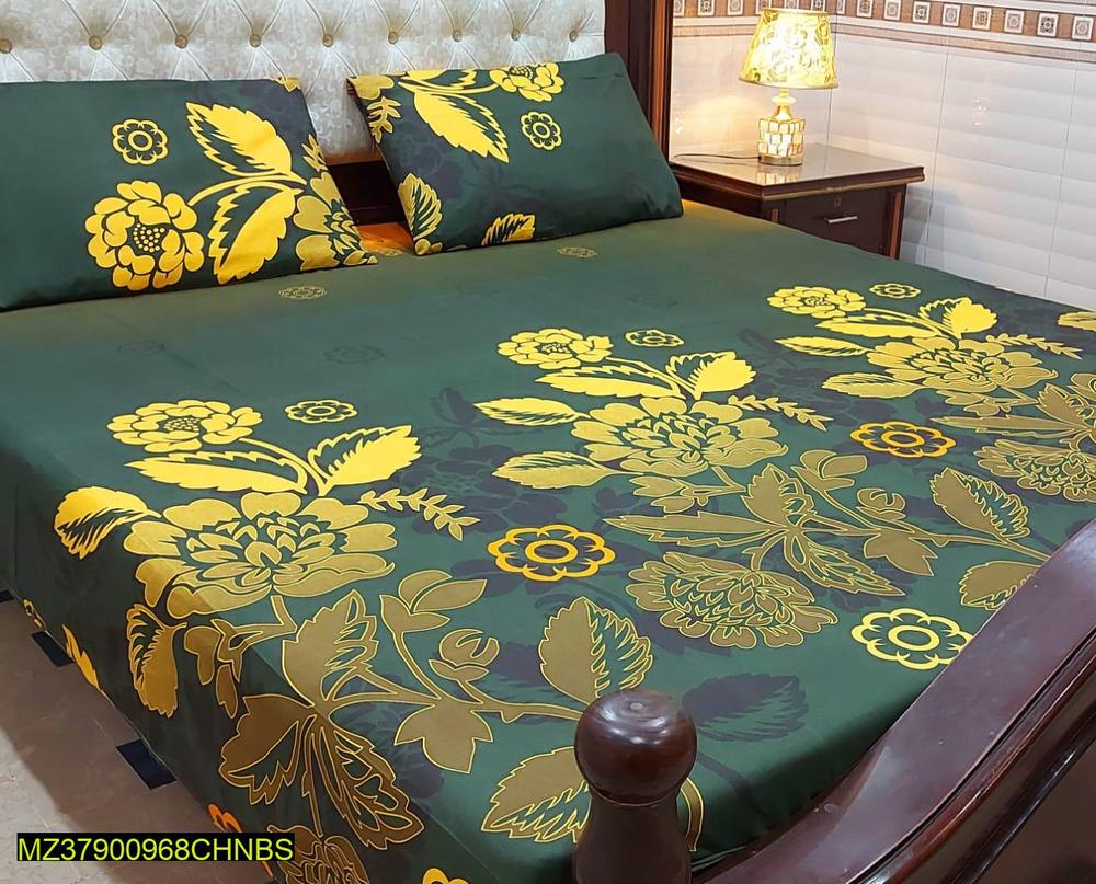 Cotton Printed Double Bedsheet Green Yellow Floral
