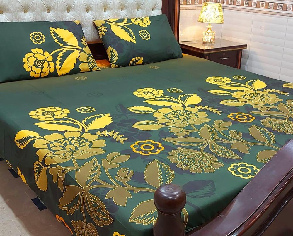 Cotton Printed Double Bedsheet Green Yellow Floral
