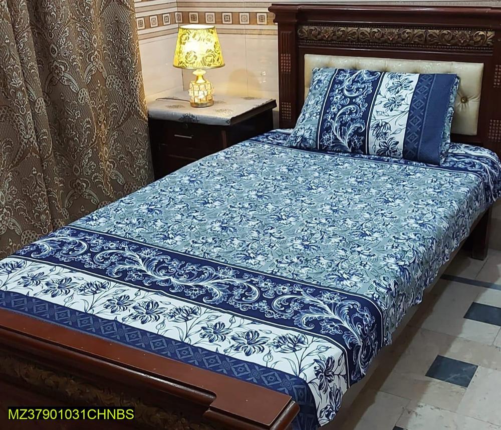 Premium Cotton Single Bedsheet Set Blue Floral Print