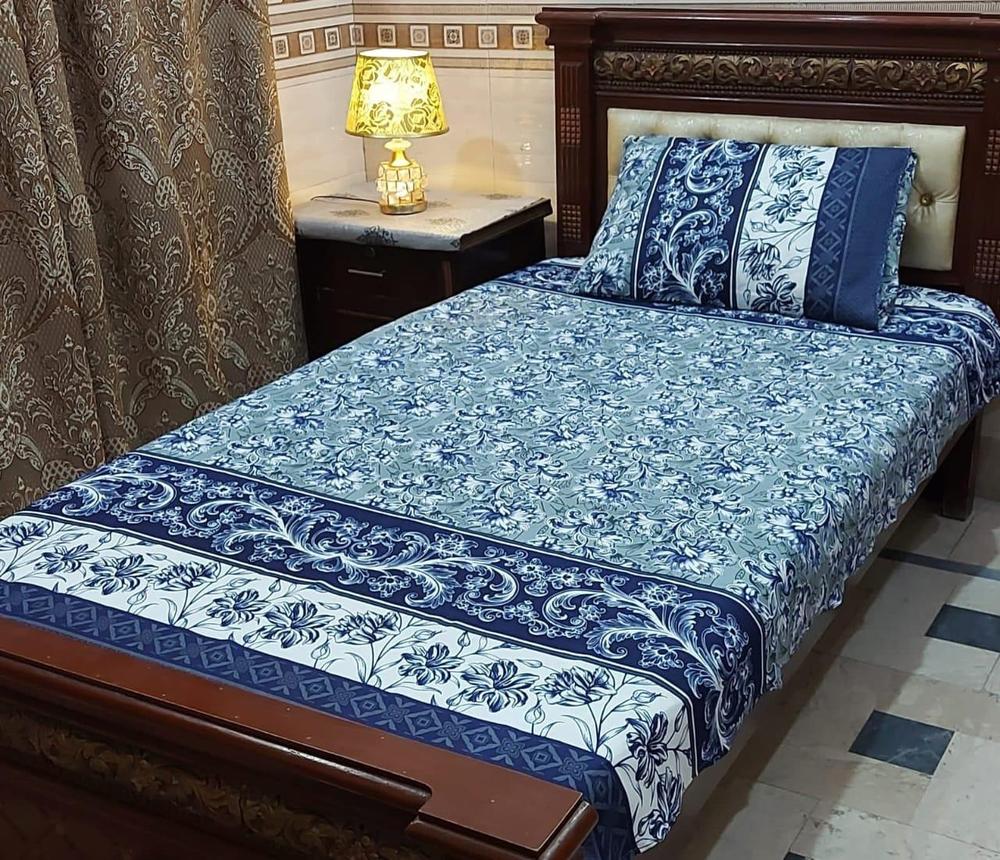 Premium Cotton Single Bedsheet Set Blue Floral Print