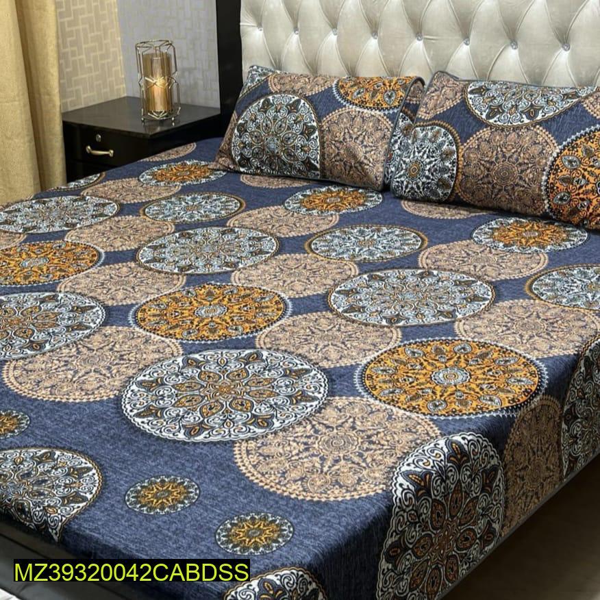 Crystal Cotton Mandala Bedsheet Set Blue Gold Double Bed