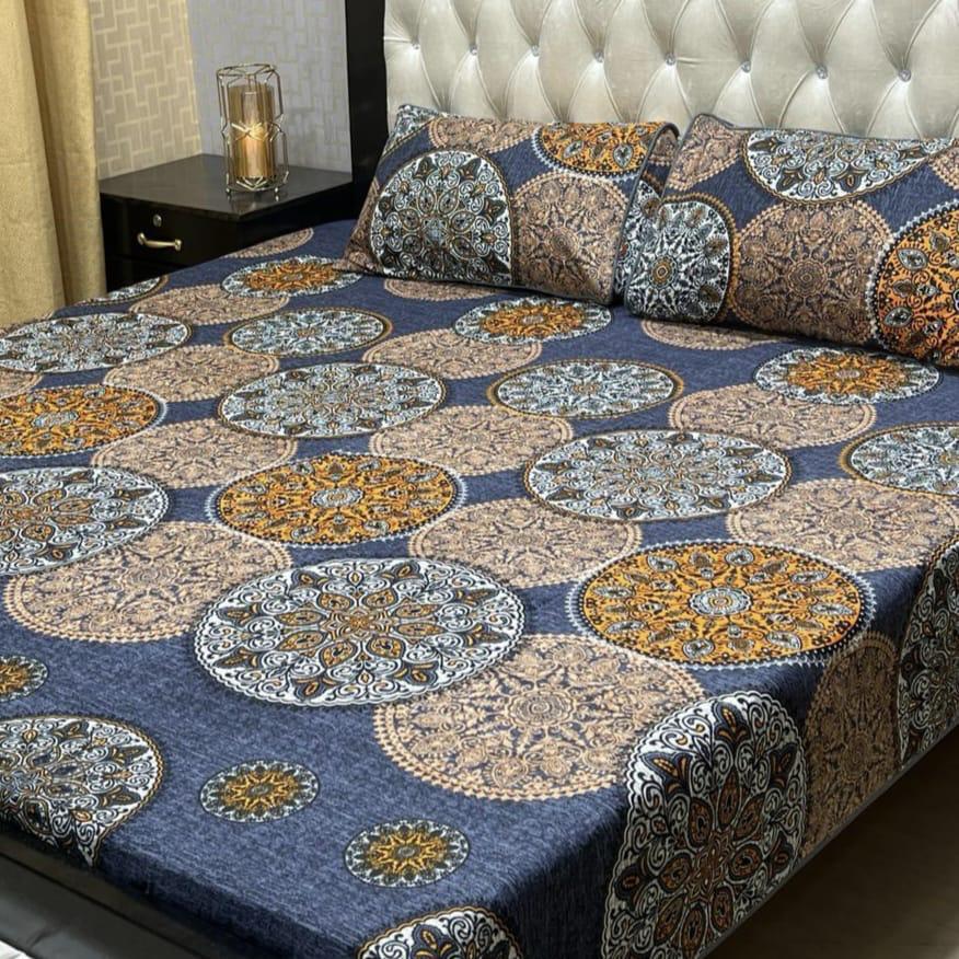 Crystal Cotton Mandala Bedsheet Set Blue Gold Double Bed