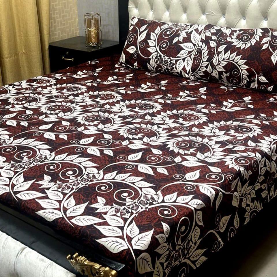 Crystal Cotton Printed Double Bedsheet Set Burgundy White Floral