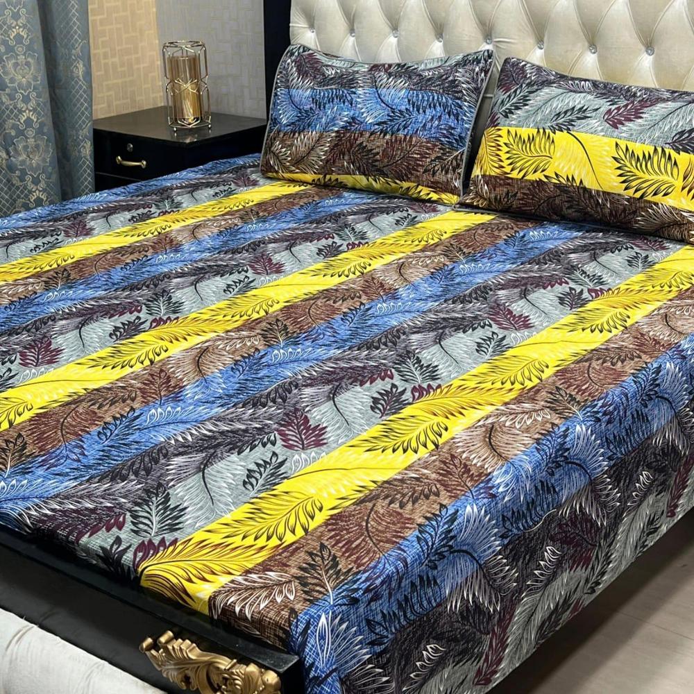 Crystal Cotton Double Bedsheet Set Yellow Blue Brown Leaf Pattern