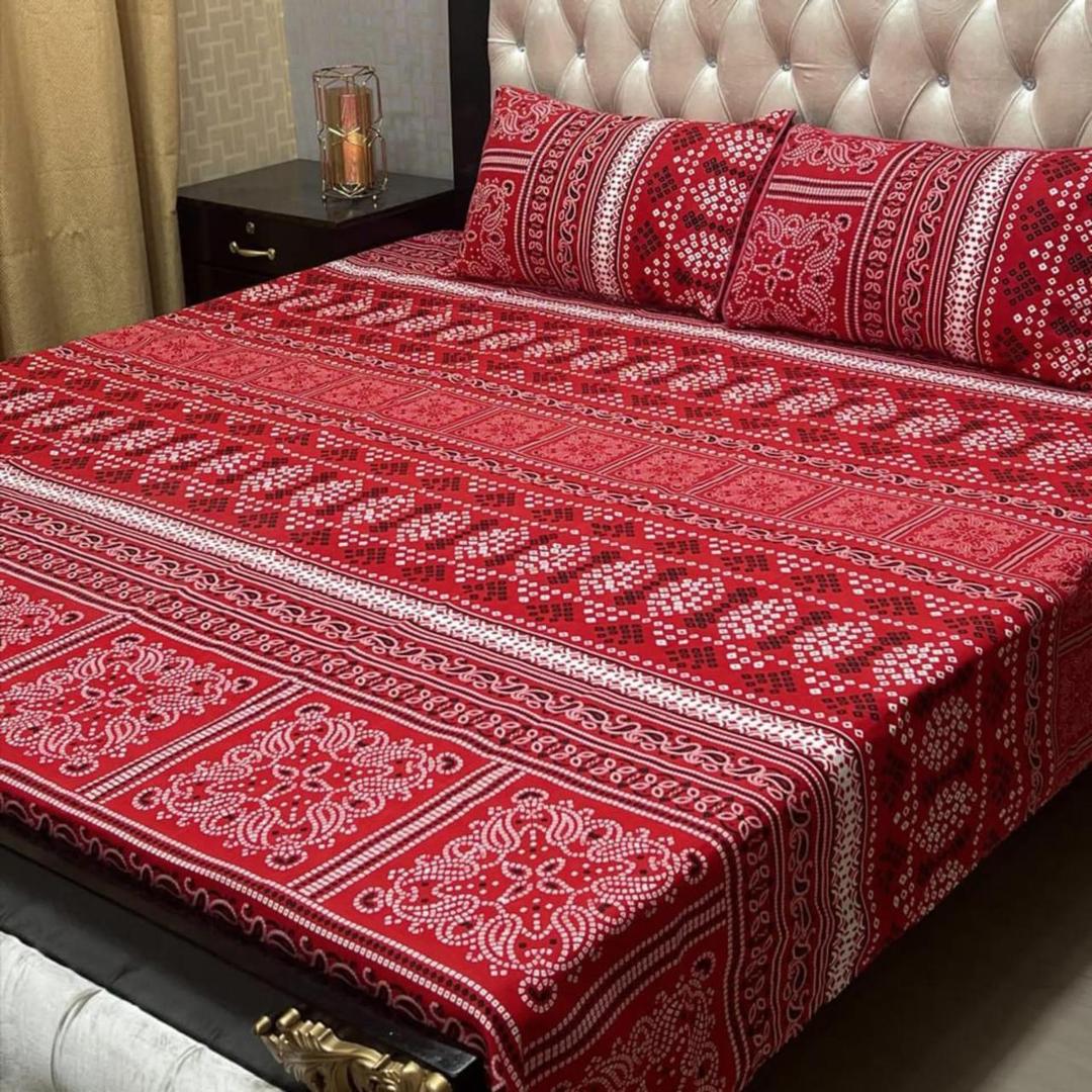 Double Bedsheet Set Red Printed Crystal Cotton 3 Pcs