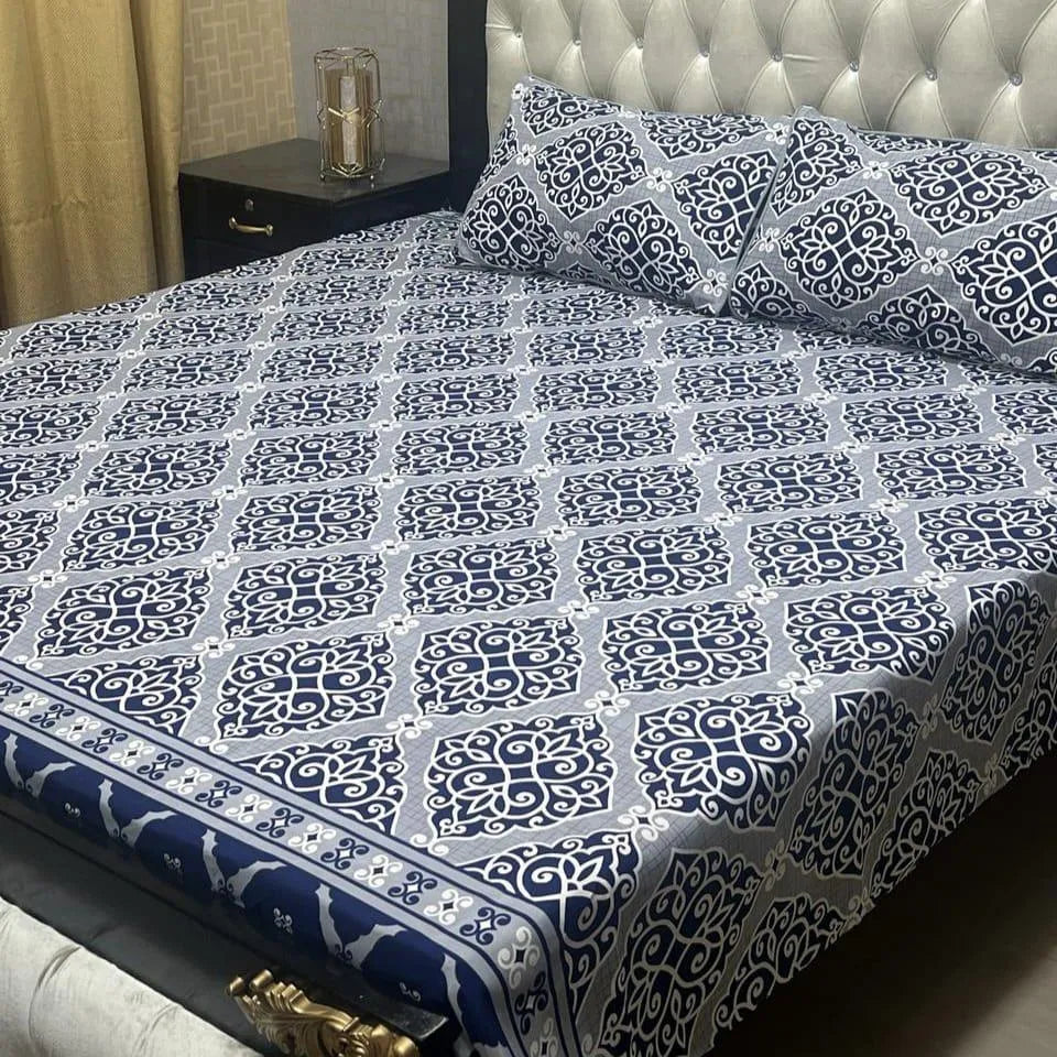 Double Bed Sheet Set Crystal Cotton Blue White Geometric Pattern