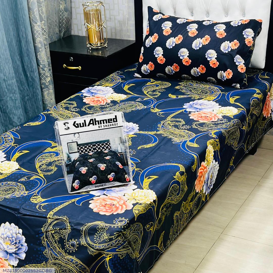 Cotton Salonica Bedsheet Set Blue Floral Golden Single Bed