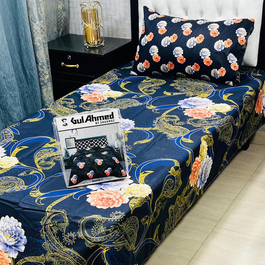 Cotton Salonica Bedsheet Set Blue Floral Golden Single Bed