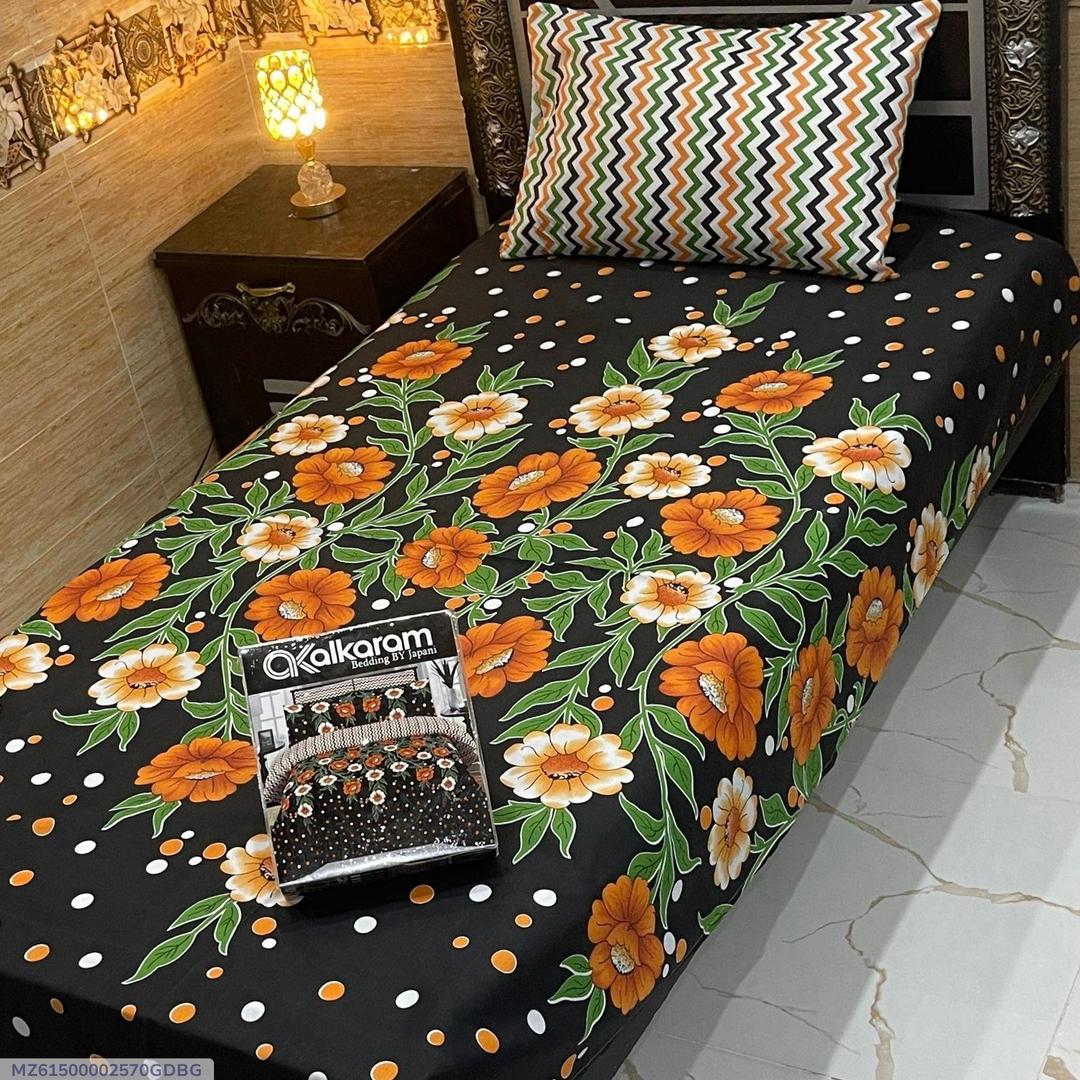 Cotton Printed Single Bedsheet Black Floral 4Pcs