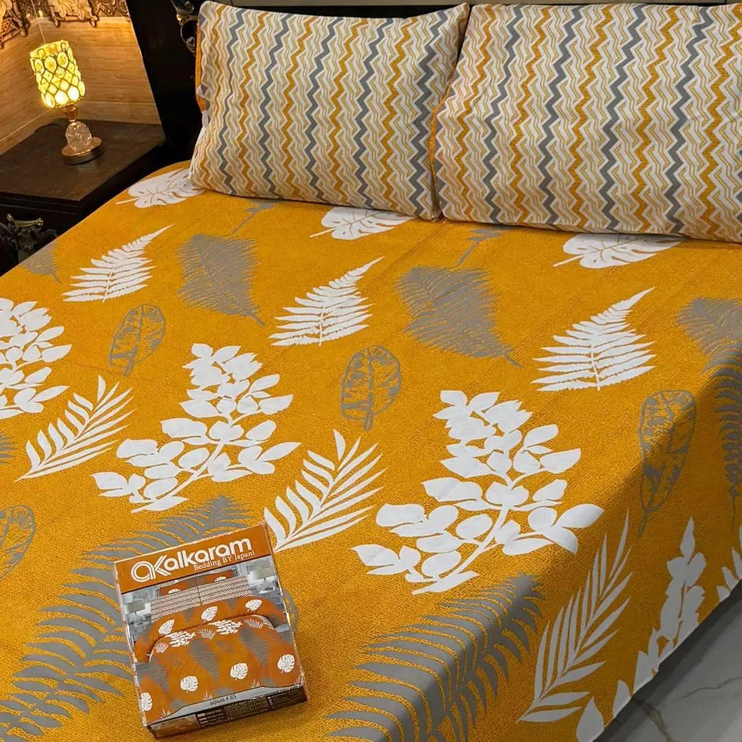 Yellow Cotton Bedsheet Set with Leaf Pattern Double Bed