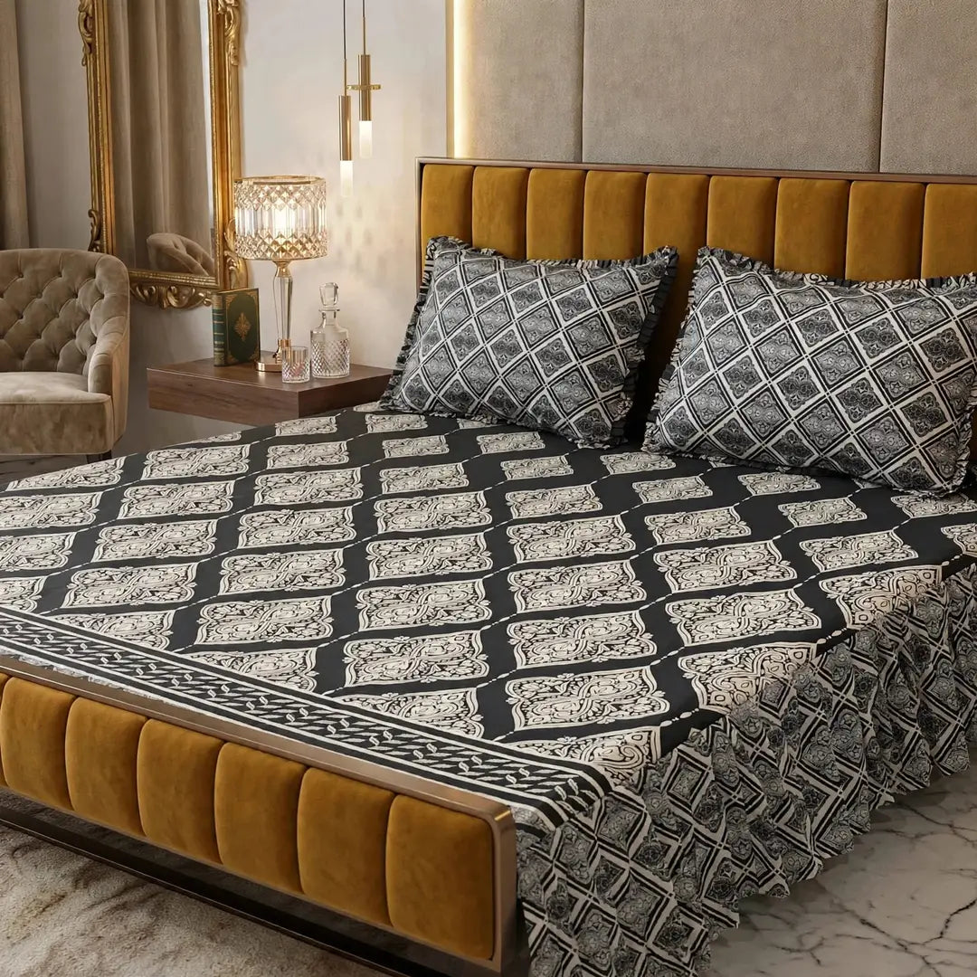 3 Pcs Cotton Salonica Frill Double Bedsheet