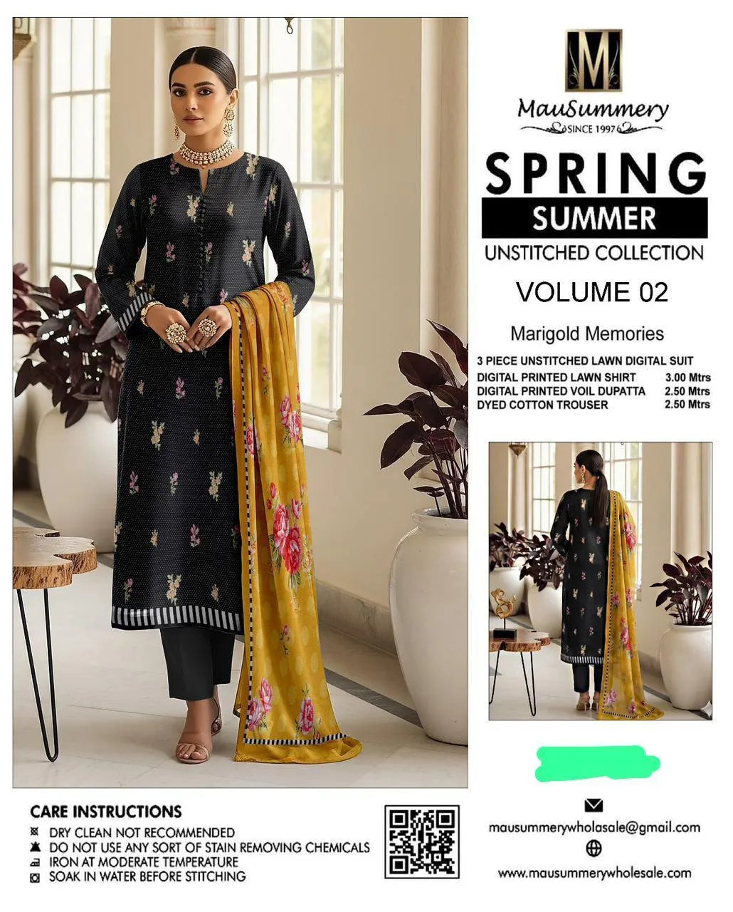 Unstitched Lawn Suit Black Floral Eid Party Wear 3Pcs