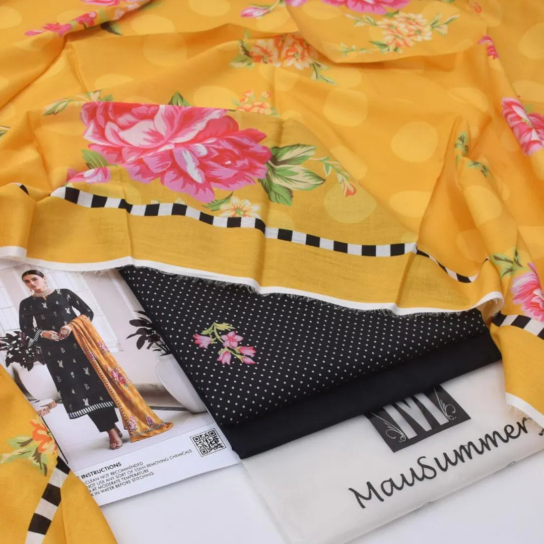 Unstitched Lawn Suit Black Floral Eid Party Wear 3Pcs
