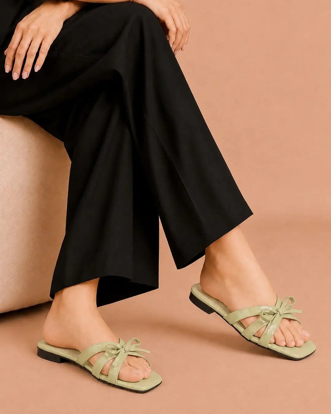 Elegant Bow Flat Sandals - 082 - Olive Green